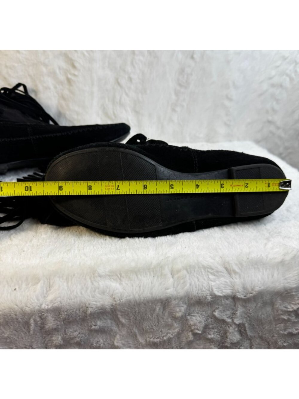 LC Lauren Conrad Thia Black Suede 3 Tier Fringe MidCalf Moccasin Boots Women 6M - Picture 10 of 14